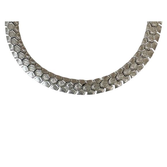 60s Coro Silver Tone Single Strand Honeycomb Pattern Adjustable Choker Necklace - Picture 3 of 5